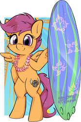 Size: 1024x1530 | Tagged: safe, artist:earth-pony, artist:midnightpremiere, artist:taurson, imported from derpibooru, scootaloo, pegasus, pony, alternate cutie mark, bipedal, cute, cutealoo, female, filly, lei, smiling, solo, surfboard