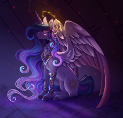 Size: 3000x2876 | Tagged: safe, artist:rainsrandomness, artist:spookznspectres, imported from derpibooru, princess celestia, alicorn, pony, bracelet, ear piercing, earring, female, halo, horn, horn ring, jewelry, mare, necklace, nose piercing, nose ring, piercing, redraw, reign, ring, royalty, sitting, solo, spread wings, wings