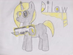 Size: 4304x3258 | Tagged: safe, artist:theunidentifiedchangeling, imported from derpibooru, oc, oc only, oc:dilaw, oc:dilaw remilo, pony, unicorn, blade, gun, horn, levitation, looking at you, magic, name, shotgun, solo, telekinesis, traditional art, weapon