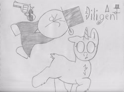 Size: 4400x3258 | Tagged: safe, artist:theunidentifiedchangeling, imported from derpibooru, oc, oc:pone, oc:prof, unicorn, chest fluff, empty eyes, gun, hat, madness combat, top hat, traditional art, weapon