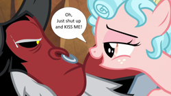 Size: 1280x720 | Tagged: safe, edit, edited screencap, imported from derpibooru, screencap, cozy glow, lord tirek, centaur, pegasus, pony, frenemies (episode), age difference, bedroom eyes, cozirek, female, flirting, interspecies, male, shipping, shut up and kiss me, speech bubble, straight, sweat, that is one troubled filly