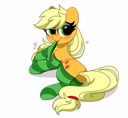 Size: 4007x3700 | Tagged: safe, artist:kittyrosie, imported from derpibooru, applejack, earth pony, pony, blushing, butt, clothes, cute, female, jackabetes, mare, mouth hold, plot, simple background, socks, solo, striped socks, striped underwear, underwear, white background