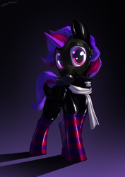 Size: 2200x3100 | Tagged: safe, artist:shido-tara, imported from derpibooru, oc, oc only, oc:violet rose ze vampony, pony, unicorn, clothes, commission, gas mask, latex, latex socks, latex suit, looking at you, mask, masked pony, scarf, shiny, simple background, socks, solo, striped socks