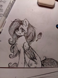 Size: 1024x1366 | Tagged: safe, artist:dreamy990, artist:nightydream, imported from derpibooru, fluttershy, pegasus, pony, black and white, eraser, grayscale, monochrome, pen, solo, traditional art