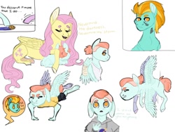 Size: 1024x768 | Tagged: safe, artist:rainydayjitters, imported from derpibooru, fluttershy, lightning dust, oc, oc:dapper breeze, anthro, pegasus, pony, unguligrade anthro, female, filly, flutterdust (pairing), fluttermom, flying, lesbian, lying down, magical lesbian spawn, mare, offspring, parent:fluttershy, parent:lightning dust, parents:flutterdust (pairing), prone, push-ups, shipping, simple background, singing, white background