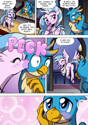 Size: 1204x1700 | Tagged: safe, artist:tarkron, imported from derpibooru, gallus, silverstream, griffon, hippogriff, bed, butt, cheek kiss, comic, commission, cute, daaaaaaaaaaaw, diastreamies, female, friendshipping, gallabetes, gallstream, kiss on the cheek, kissing, looking at each other, male, peck, pillow, plot, shipping, straight, streambutt, surprise kiss