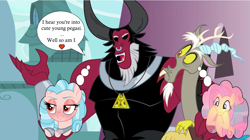 Size: 1275x713 | Tagged: safe, artist:badumsquish-edits, edit, edited edit, edited screencap, imported from derpibooru, screencap, cozy glow, discord, fluttershy, lord tirek, pegasus, discordant harmony, twilight's kingdom, what lies beneath, age difference, cropped, female, implied cozirek, implied discoshy, implied foalcon, implied shipping, implied straight, interspecies, male, medallion, older, older cozy glow, speech bubble, thought bubble