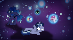 Size: 5844x3187 | Tagged: safe, artist:gallantserver, imported from derpibooru, princess luna, oc, oc:artemis, oc:artemis (gallantserver), pony, baby, baby pony, dream orbs, magical lesbian spawn, male, offspring, parent:princess luna, parent:twilight sparkle, parents:twiluna, stallion