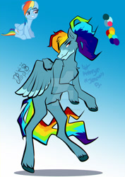 Size: 1280x1811 | Tagged: safe, artist:xxdemonpeachxx, imported from derpibooru, rainbow dash, pegasus, pony, cheek fluff, chest fluff, coat markings, color palette, deviantart watermark, facial markings, female, gradient background, mare, obtrusive watermark, ponytail, rearing, redesign, snip (coat marking), solo, unshorn fetlocks, watermark