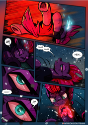 Size: 2480x3508 | Tagged: safe, artist:dsana, imported from derpibooru, fizzlepop berrytwist, tempest shadow, pony, unicorn, comic:a storm's lullaby, broken horn, comic, female, horn, mare, oh shit, red eyes, scar, snow, snowfall