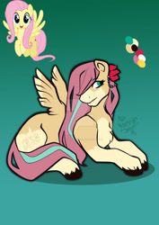 Size: 1280x1811 | Tagged: safe, artist:xxdemonpeachxx, imported from derpibooru, fluttershy, pegasus, pony, chest fluff, coat markings, color palette, deviantart watermark, female, gradient background, lying down, mare, obtrusive watermark, pale belly, prone, redesign, socks (coat marking), socks (coat markings), solo, unshorn fetlocks, watermark