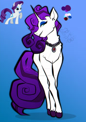 Size: 1280x1811 | Tagged: safe, artist:xxdemonpeachxx, imported from derpibooru, rarity, pony, unicorn, color palette, deviantart watermark, female, gradient background, jewelry, mare, necklace, obtrusive watermark, redesign, solo, unshorn fetlocks, watermark