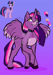 Size: 1280x1811 | Tagged: safe, artist:xxdemonpeachxx, imported from derpibooru, twilight sparkle, alicorn, pony, choker, color palette, deviantart watermark, female, gradient background, mare, obtrusive watermark, pale belly, redesign, solo, twilight sparkle (alicorn), unshorn fetlocks, watermark