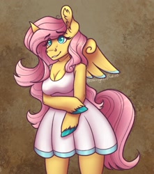 Size: 1500x1700 | Tagged: safe, artist:nyxraven13, imported from derpibooru, fluttershy, anthro, pegasus, unguligrade anthro, arm hooves, breasts, busty fluttershy, cleavage, clothes, colored hooves, colored wings, colored wingtips, dress, solo, unshorn fetlocks, wings