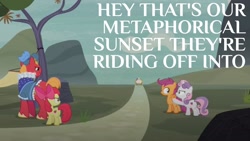 Size: 1920x1080 | Tagged: safe, edit, edited screencap, editor:quoterific, imported from derpibooru, screencap, apple bloom, big macintosh, feather bangs, scootaloo, sugar belle, sweetie belle, hard to say anything, cutie mark crusaders