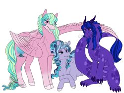 Size: 1024x768 | Tagged: safe, artist:arexstar, imported from derpibooru, oc, oc only, oc:astral lullaby, oc:dawn willow, oc:shimmering belle, dracony, dragon, earth pony, hybrid, pegasus, pony, female, magical lesbian spawn, male, mare, offspring, parent:coloratura, parent:princess celestia, parent:princess ember, parent:starlight glimmer, parent:tree hugger, parent:twilight sparkle, parents:emberlight, simple background, stallion, white background