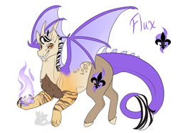 Size: 1024x768 | Tagged: safe, artist:arexstar, imported from derpibooru, oc, oc only, oc:flux, draconequus, hybrid, female, fire, interspecies offspring, offspring, parent:discord, parent:fluttershy, parents:discoshy, simple background, solo, white background