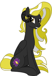 Size: 2216x3213 | Tagged: safe, artist:lightning stripe, derpibooru exclusive, imported from derpibooru, oc, oc only, oc:liliosa, original species, pony, derpibooru community collaboration, black coat, brown coat, brown eyes, commission, curved horns, cutie mark, female, grin, mare, rilacorn, show accurate, simple background, sitting, smiling, transparent background, two toned mane, vector, wings, yellow mane