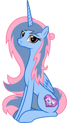 Size: 1952x3563 | Tagged: safe, artist:lightning stripe, derpibooru exclusive, edit, imported from derpibooru, oc, oc only, oc:princess sorraia, alicorn, pony, alicorn oc, blue coat, brown eyes, commission, cutie mark, female, horn, mare, pink mane, show accurate, simple background, sitting, smiling, transparent background, two toned mane, vector, wings