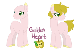 Size: 658x419 | Tagged: safe, artist:box-of-ideas, artist:tobi052, imported from derpibooru, oc, oc only, oc:golden heart, earth pony, pony, apple, base used, cutie mark, food, male, offspring, parent:big macintosh, parent:fluttershy, parents:fluttermac, simple background, solo, stallion, white background