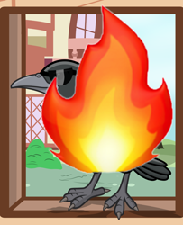 Size: 1730x2130 | Tagged: safe, artist:pizzamovies, edit, editor:joeydr, imported from derpibooru, bird, crow, derpibooru, ambiguous gender, building, cool crow, emote, fire, glare, meme, meta, moderator, smiling, smirk, solo, sunglasses, tree, window