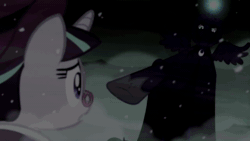 Size: 1280x720 | Tagged: safe, edit, edited screencap, imported from derpibooru, screencap, princess luna, snowfall frost, spirit of hearth's warming yet to come, starlight glimmer, a hearth's warming tail, animated, berserk, fifteen.ai, snow, snowfall, void, webm
