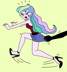 Size: 1634x1744 | Tagged: safe, artist:bugssonicx, imported from derpibooru, princess celestia, equestria girls, caught, clothes, denim skirt, high heels, legs, miniskirt, principal celestia, running, running in place, scared, shoes, skirt, skirt pull