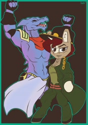 Size: 2896x4096 | Tagged: safe, artist:avery-valentine, imported from derpibooru, pony, unicorn, jojo's bizarre adventure, jotaro kujo, ponified, stand, star platinum