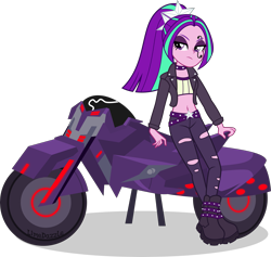 Size: 4217x4000 | Tagged: safe, artist:limedazzle, imported from derpibooru, imported from ponybooru, aria blaze, equestria girls, badass, belly button, boots, clothes, face paint, female, midriff, motorcycle, pants, shoes, simple background, solo, transparent background, vector, vest