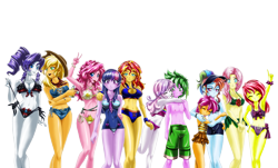 Size: 5000x3010 | Tagged: safe, alternate version, artist:mauroz, imported from derpibooru, apple bloom, applejack, fluttershy, pinkie pie, rainbow dash, rarity, sci-twi, scootaloo, spike, sunset shimmer, sweetie belle, twilight sparkle, human, equestria girls, absurd file size, anime, belly button, bikini, breasts, busty applejack, busty fluttershy, busty pinkie pie, busty rarity, busty sunset shimmer, busty twilight sparkle, cleavage, clothes, cutie mark crusaders, dress, female, group, human spike, humane five, humane seven, humane six, humanized, male, mane seven, mane six, midriff, one-piece swimsuit, open-back swimsuit, shipping, simple background, spikebelle, straight, striped swimsuit, suit, swimsuit, transparent background