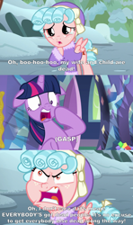 Size: 2000x3375 | Tagged: safe, edit, edited screencap, imported from derpibooru, screencap, cozy glow, twilight sparkle, alicorn, pegasus, pony, frenemies (episode), molt down, angry, caption, clothes, comic, cropped, crying, faic, fake crying, female, filly, foal, gasp, groot, guardians of the galaxy, hat, image macro, mare, marvel, mawshot, meme, open mouth, rage face, reference, rocket raccoon, screencap comic, shocked, shrunken pupils, teary eyes, text, twilight sparkle (alicorn), uvula, wide eyes, winter outfit, yelling