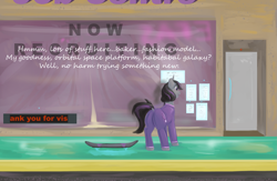 Size: 1799x1175 | Tagged: safe, artist:lupin quill, imported from derpibooru, oc, oc only, oc:magna-save, pony, unicorn, series:career change (weight gain), advertisement, butt, clothes, curtains, dialogue, dock, hologram, horn, hoverboard, jumpsuit, misspelling, neon, neon sign, plot, science fiction, shop window, sidewalk, solo, storefront, this will end in weight gain, unicorn oc, weight gain sequence, window