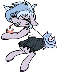 Size: 527x644 | Tagged: safe, artist:pinkberry, artist:xrei, imported from derpibooru, oc, oc only, oc:winter azure, semi-anthro, braces, clothes, collaboration, colored, colt, crossdressing, cup, cute, drink, ears back, eyelashes, eyes closed, femboy, freckles, girly, male, ocbetes, shirt, simple background, skirt, smiling, solo, trap, white background