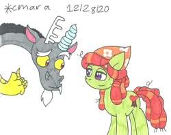 Size: 1246x987 | Tagged: safe, artist:cmara, imported from derpibooru, discord, tree hugger, draconequus, earth pony, pony, bandana, beard, duo, facial hair, female, male, mare, simple background, traditional art, white background