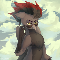 Size: 3000x3000 | Tagged: safe, artist:neonishe, imported from derpibooru, oc, oc only, griffon, cloud, cloudy, commission, glasses, griffon oc, looking at you, solo, sunglasses