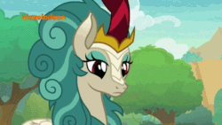 Size: 426x240 | Tagged: safe, imported from derpibooru, screencap, rain shine, kirin, sounds of silence, animated, eyes closed, gif, head shake, no, reaction image, solo