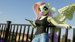 Size: 3840x2160 | Tagged: safe, artist:shadowboltsfm, imported from derpibooru, fluttershy, anthro, pegasus, plantigrade anthro, 3d, 4k, black nail polish, blender, breasts, bubblegum, busty fluttershy, cellphone, choker, clothes, eyeshadow, female, fluttergoth, food, goth, gum, jeans, lipstick, looking at you, makeup, nail polish, not sfm, pants, phone, solo, spiked choker, tanktop