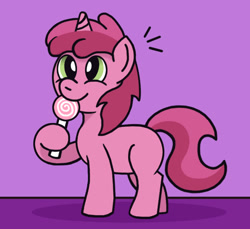 Size: 721x661 | Tagged: safe, artist:gogglesparks, imported from derpibooru, ruby pinch, pony, unicorn, candy, candy shop, cracking, crunch, cute, female, filly, food, herbivore, lollipop, pinchybetes, purple background, shadow, shop, simple background, sweet