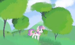 Size: 1920x1152 | Tagged: safe, artist:coffeeponee, imported from derpibooru, sweetie belle, pony, bowtie, cloud, female, field, grass, hill, mare, mountain, scenery, solo, tree