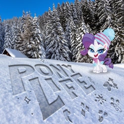 Size: 1080x1080 | Tagged: safe, imported from derpibooru, rarity, pony, unicorn, my little pony: pony life, clothes, g4.5, instagram, irl, official, photo, ponies in real life, pony life, scarf, snow, solo, winter outfit