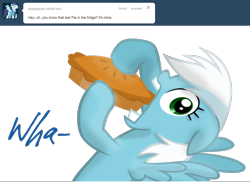 Size: 1280x930 | Tagged: safe, artist:ask-fleetfoot, imported from derpibooru, fleetfoot, soarin', pegasus, pony, alternate hairstyle, ask-fleetfoot, blue coat, blue mane, blue tail, eyes closed, female, food, green eyes, looking at you, mare, pie, show accurate, simple background, solo, tail, transparent background, two toned mane, wall of tags, white mane, white tail, wings