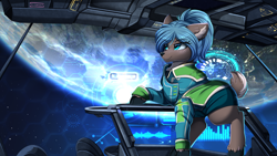 Size: 2920x1642 | Tagged: safe, artist:pridark, imported from derpibooru, imported from ponybooru, oc, oc only, deer, blue eyes, clothes, commission, deer oc, indoors, navigation, planet, solo, space, space ship, stars