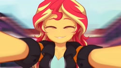 Size: 4000x2250 | Tagged: safe, artist:maren, imported from derpibooru, sunset shimmer, equestria girls, friendship games, blurred background, blurry background, breasts, bust, busty sunset shimmer, canterlot high, cleavage, cute, daaaaaaaaaaaw, eyes closed, female, high res, offscreen character, pov, reaching, reaching out, shimmerbetes, smiling, solo