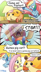 Size: 1755x3072 | Tagged: safe, artist:ryuu, imported from derpibooru, fluttershy, rainbow dash, hamster, pegasus, pony, blush sticker, blushing, car, carrot, comic, cross-popping veins, crossover, cute, dialogue, driving, eating, female, floating heart, food, guinea pig, heart, mare, open mouth, potato (pui pui molcar), pui pui molcar, rainbow dash is not amused, that pony sure does love animals, unamused