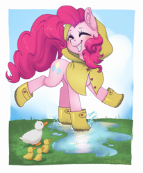 Size: 3109x3775 | Tagged: safe, artist:taytinabelle, imported from derpibooru, pinkie pie, bird, duck, earth pony, pony, booties, boots, button, chest fluff, clothes, cloud, cute, cutie mark, diapinkes, dock, duckling, ear fluff, eyes closed, female, grass, happy, hoodie, jacket, mare, playing, puddle, rain boots, raincoat, raised hoof, raised tail, shoes, sky, smiling, splash, splashing, tail, water