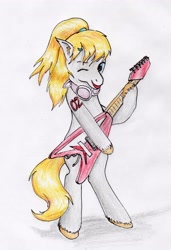 Size: 2256x3290 | Tagged: safe, artist:40kponyguy, derpibooru exclusive, imported from derpibooru, oc, oc only, oc:len, earth pony, pony, bipedal, ear fluff, guitar, headphones, hoof hold, looking at you, male, musical instrument, one eye closed, requested art, simple background, solo, stallion, traditional art, unshorn fetlocks