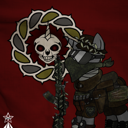 Size: 1000x1000 | Tagged: safe, artist:devorierdeos, imported from derpibooru, oc, oc only, oc:far sight, pony, unicorn, fallout equestria, ammunition, armor, assault rifle, bandana, camouflage, clothes, coat of arms, emblem, glasses, gun, hat, horn, magpul, male, red eye's army, rifle, skull, solo, uniform, weapon