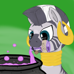 Size: 1500x1500 | Tagged: artist needed, safe, artist:spagootispootis, imported from derpibooru, zecora, pony, zebra, cauldron, potion, simple background, solo