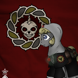 Size: 1000x1000 | Tagged: safe, artist:devorierdeos, imported from derpibooru, oc, oc only, oc:mercy faith, pony, unicorn, fallout equestria, amulet, blue eyes, book, clothes, coat of arms, emblem, female, hood, horn, jewelry, red eye's army, skull, solo, spellbook