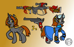 Size: 1024x651 | Tagged: safe, artist:dice-warwick, imported from derpibooru, oc, oc only, oc:wildcat cartridge, pony, unicorn, fallout equestria, bandolier, ear piercing, fallout equestria: burdens, fanfic art, goggles, gun, piercing, rifle, scar, solo, weapon